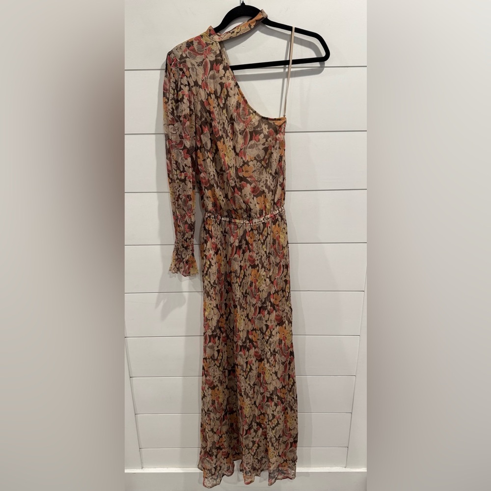 Polo Ralp Lauren Micele One Shoulder Brown Floral Midi Dress - Picture 4 of 9